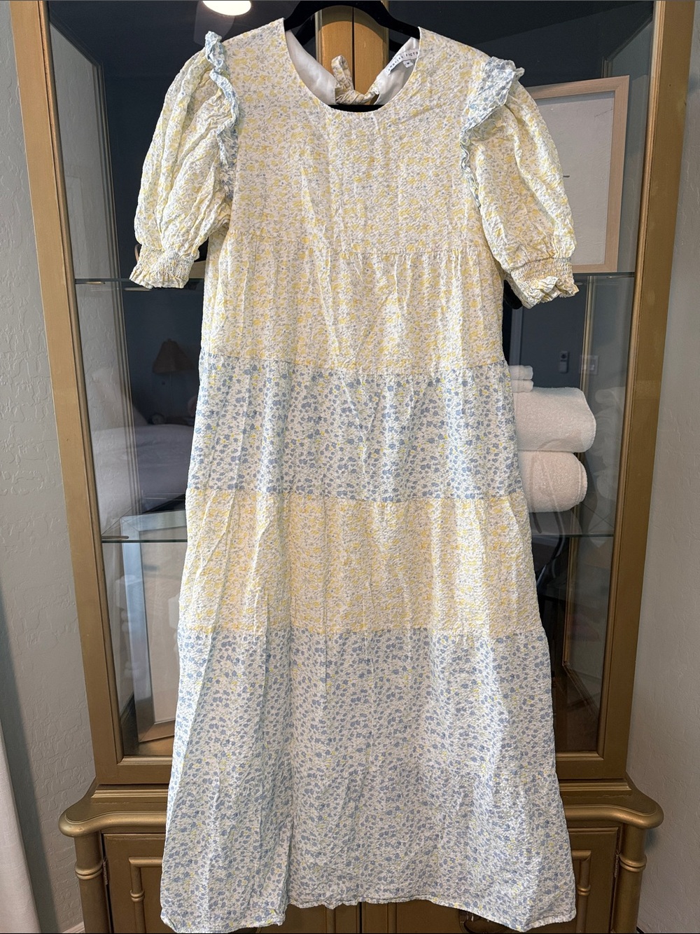 English Factory Yellow & Light Blue Floral Tie-Back Midi Dress